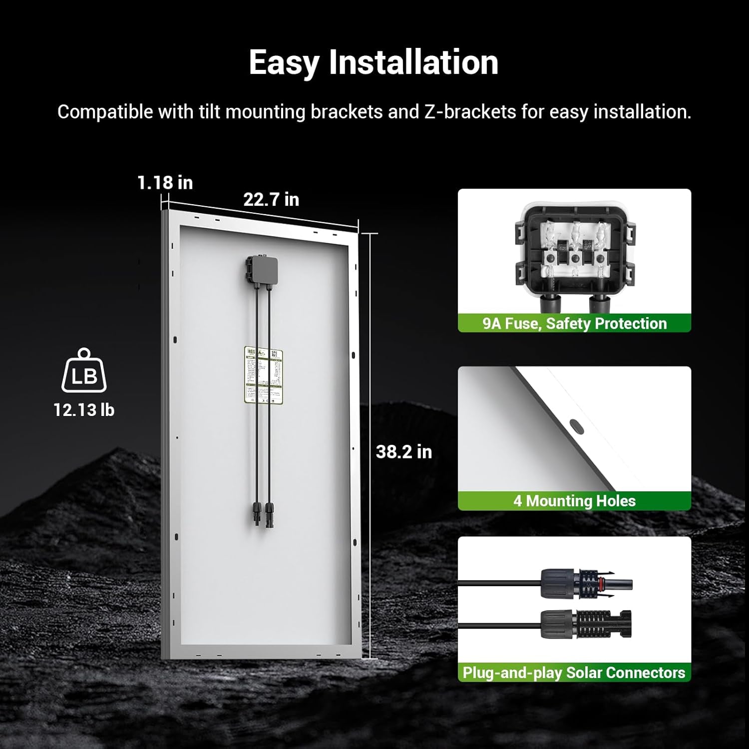 100W 12V Monocrystalline Solar Panel with Solar Connectors, High Efficiency Module PV Power for Battery Charging Boat, Caravan, RV and Any Other off Grid Applications