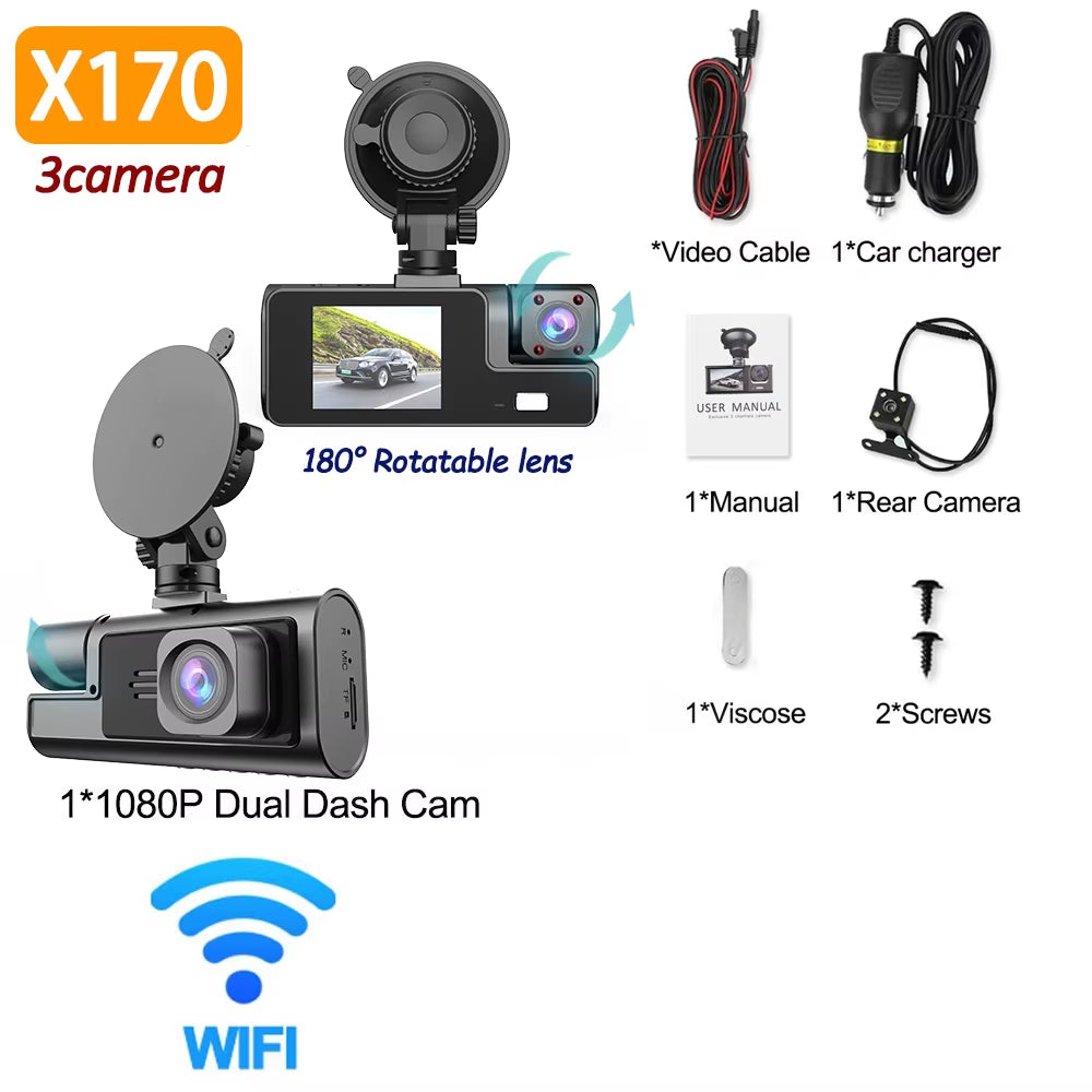 3Camera Dash Cam for Car Camera 1080P Video Recorder WIFI Car DVR 2Lens Front Rear View Camera Night Vision Car Accessories