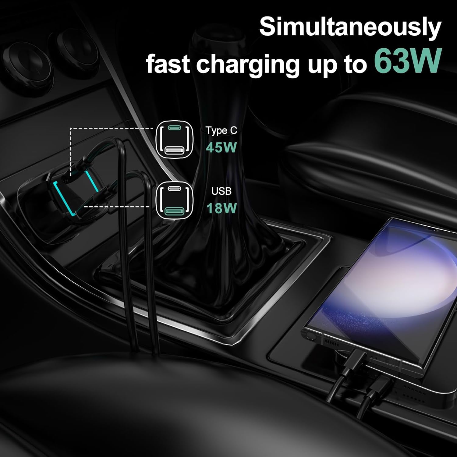 63W USB C Car Charger, 45W Type C Super Fast Charging Compatible for Samsung Galaxy S26/S25 Plus/Ultra/S23/S22/W24/Z Flip5/Z Fold5, Iphone 17 Pro Max/16/15 Car Adapter&3Ft Cord with E-Mark Chip