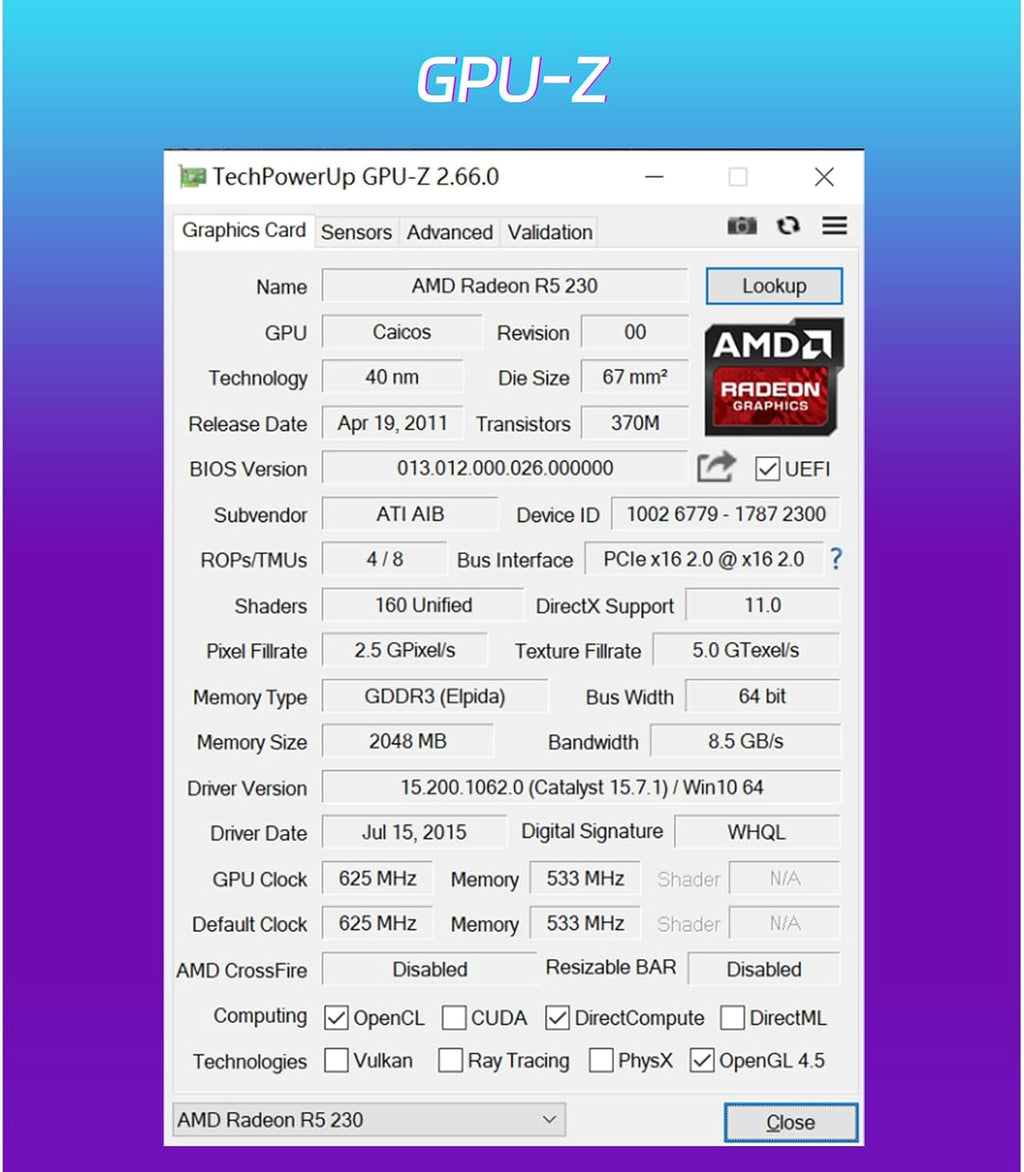 AMD Radeon R5 230 Low Profile Graphics Card with 2G 64Bit GDDR3 Memory Equip with PCI Express*16 2*HDMI Video Card for Office Working Compatible with Windows 10/8/7/Rhel/Ubuntu/Linux (Black)