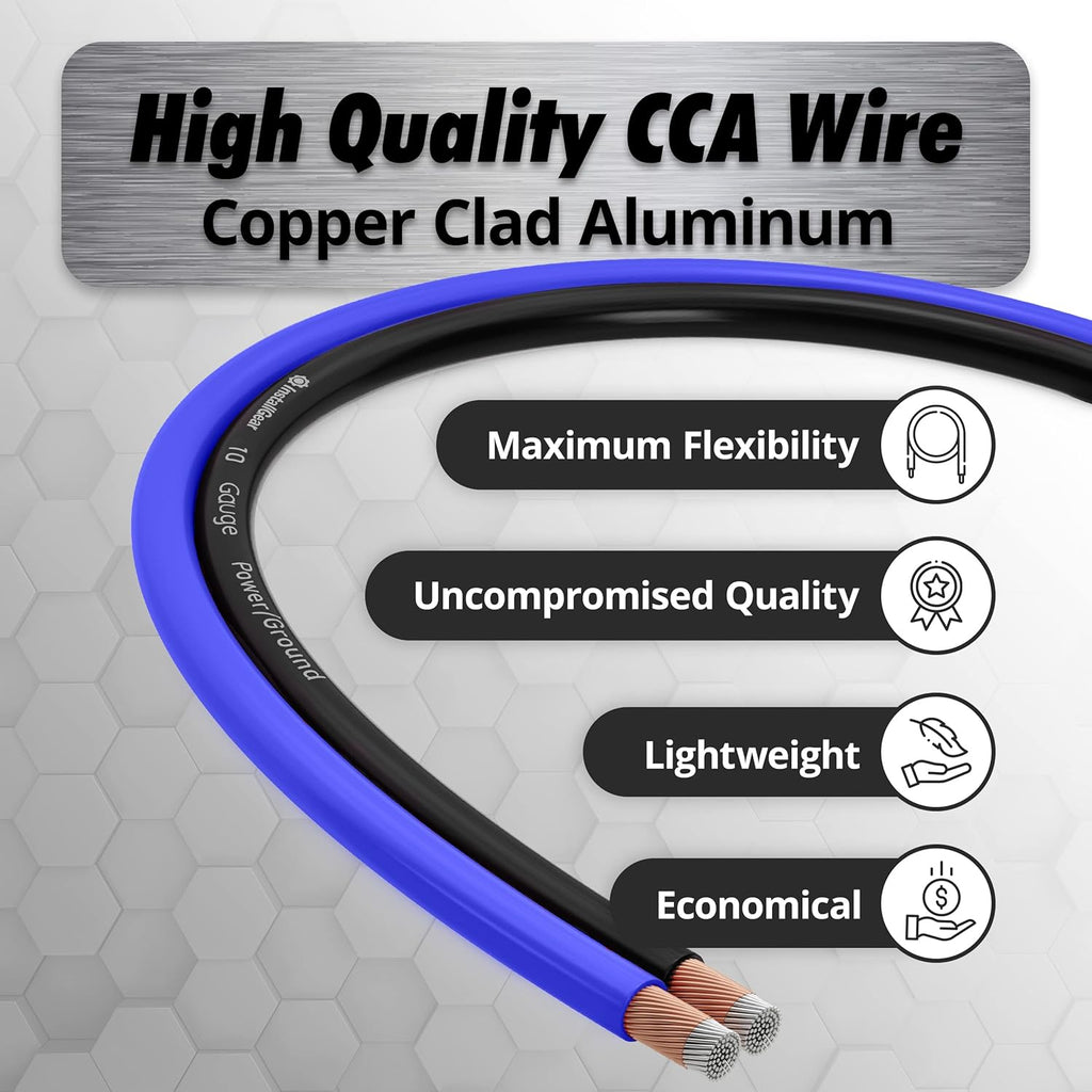 10 Gauge Wire (50Ft) Copper Clad Aluminum CAA - Primary Automotive Wire, Car Amplifier Power and Ground Cable, Battery Cable, Car Audio Speaker Stereo, RV Trailer Wiring Welding Cable 10Ga