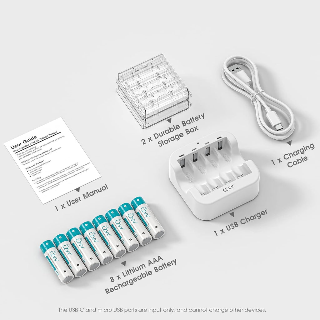 Rechargeable AA 1.5V Lithium Batteries 8-Pack, Full-Recharged Long-Lasting 3500Mwh High-Capacity 2300+Mah Dual a with Fast Charger Combo for High-Tech Devices, Blink Cameras, Cycle Times 1300X