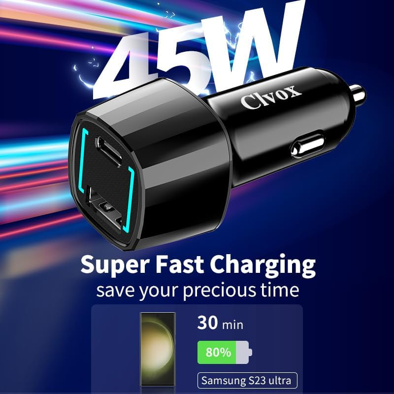 63W USB C Car Charger, 45W Type C Super Fast Charging Compatible for Samsung Galaxy S26/S25 Plus/Ultra/S23/S22/W24/Z Flip5/Z Fold5, Iphone 17 Pro Max/16/15 Car Adapter&3Ft Cord with E-Mark Chip