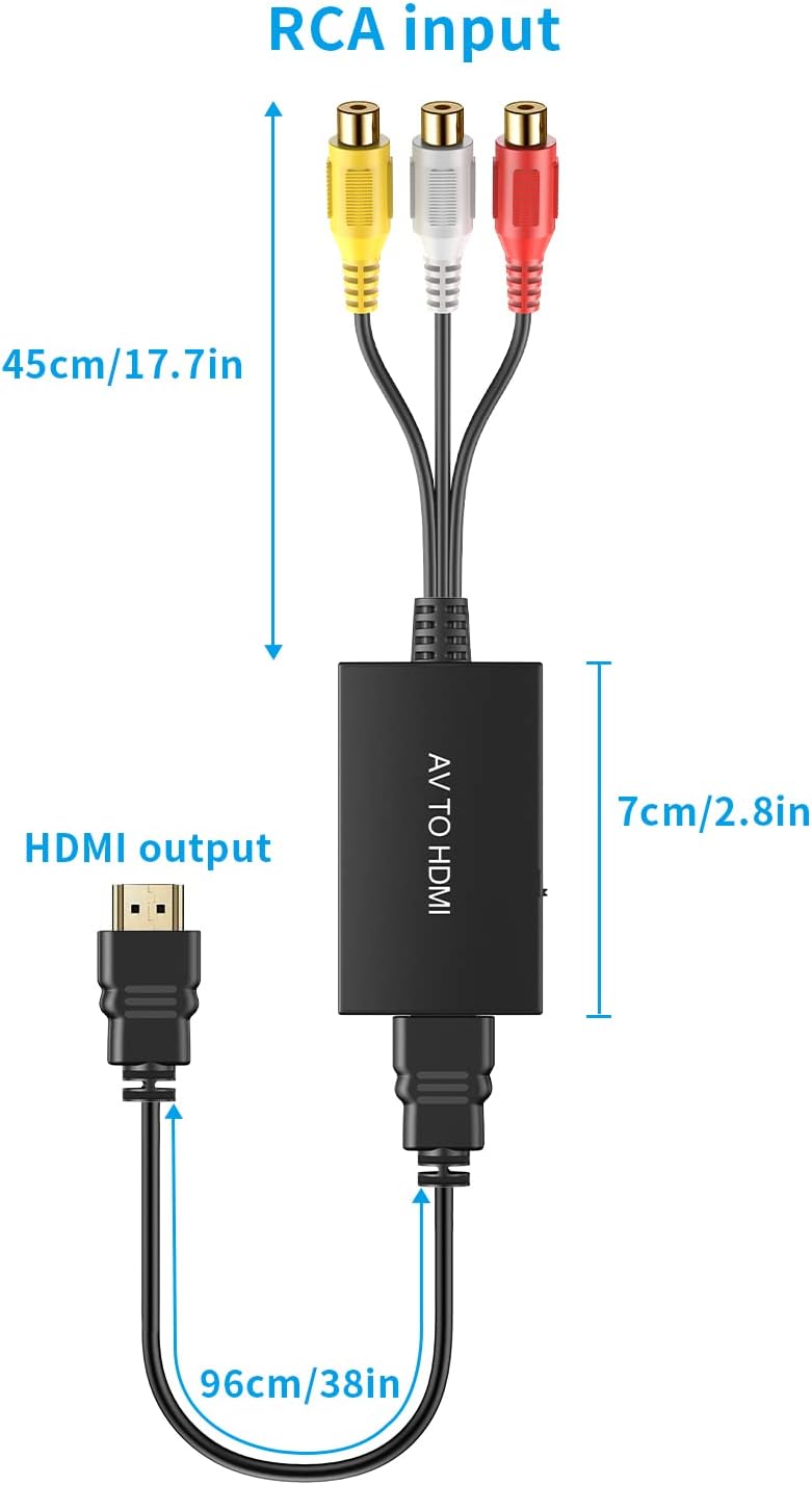 RCA to HDMI Converter, Composite to HDMI Adapter Support 1080P PAL/NTSC Compatible with PS One, PS2, PS3, STB, Xbox, VHS, VCR, Blue-Ray DVD Players