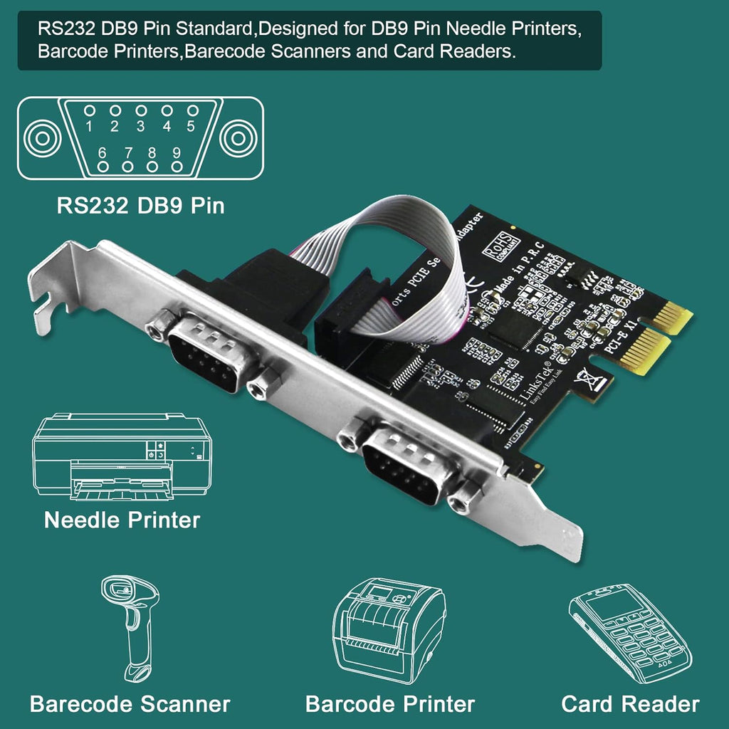 2-Port PCI Express RS-232 DB9 Serial Port Card for Windows XP, Vista,7, 8.X, 10, 11 32/64Bit and Linux Pcs, PCIE RS232 Card, PCIE Serial DB9 Port Card (PCIE-SE2)