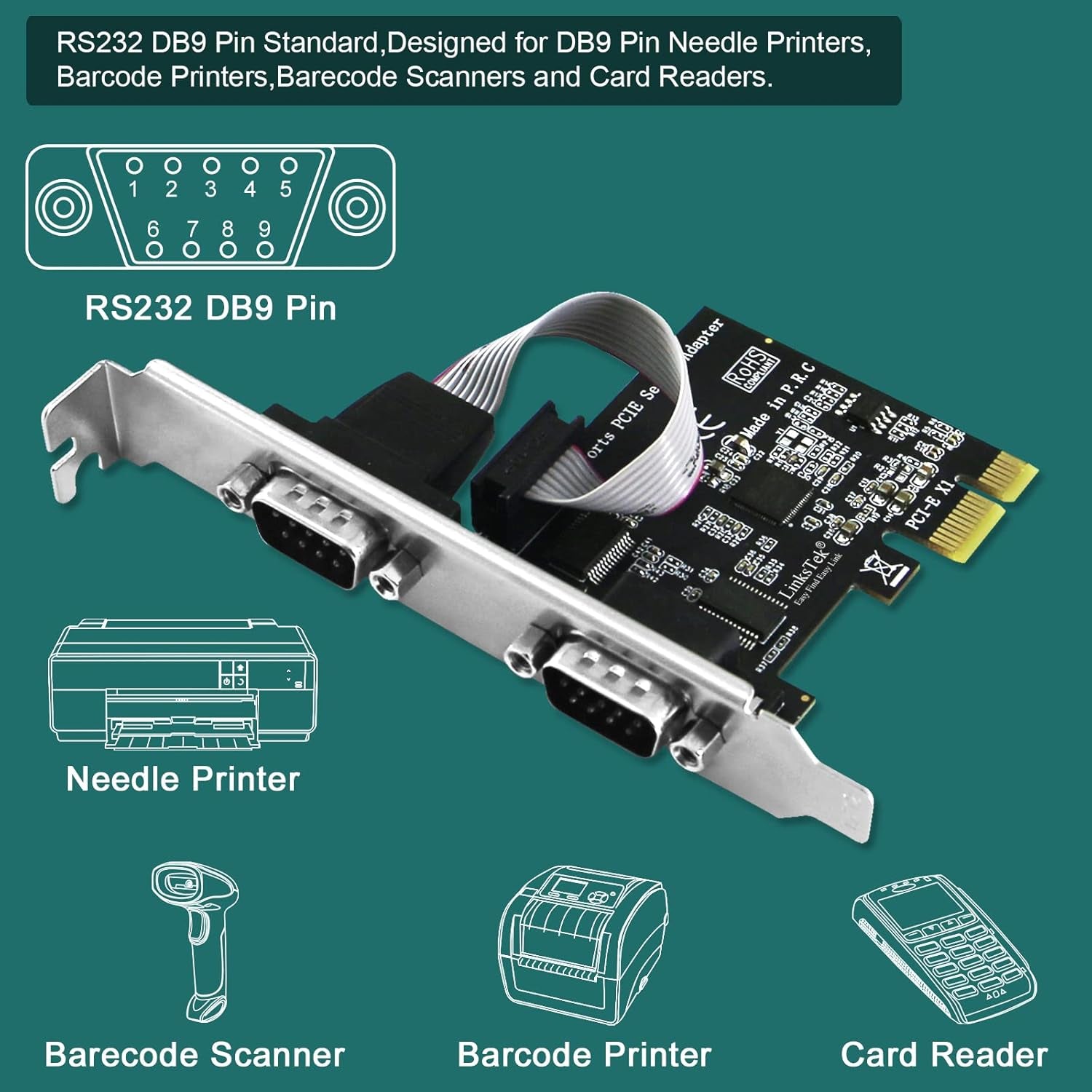 2-Port PCI Express RS-232 DB9 Serial Port Card for Windows XP, Vista,7, 8.X, 10, 11 32/64Bit and Linux Pcs, PCIE RS232 Card, PCIE Serial DB9 Port Card (PCIE-SE2)