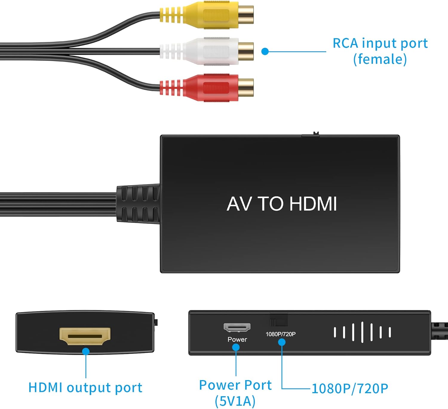 RCA to HDMI Converter, Composite to HDMI Adapter Support 1080P PAL/NTSC Compatible with PS One, PS2, PS3, STB, Xbox, VHS, VCR, Blue-Ray DVD Players