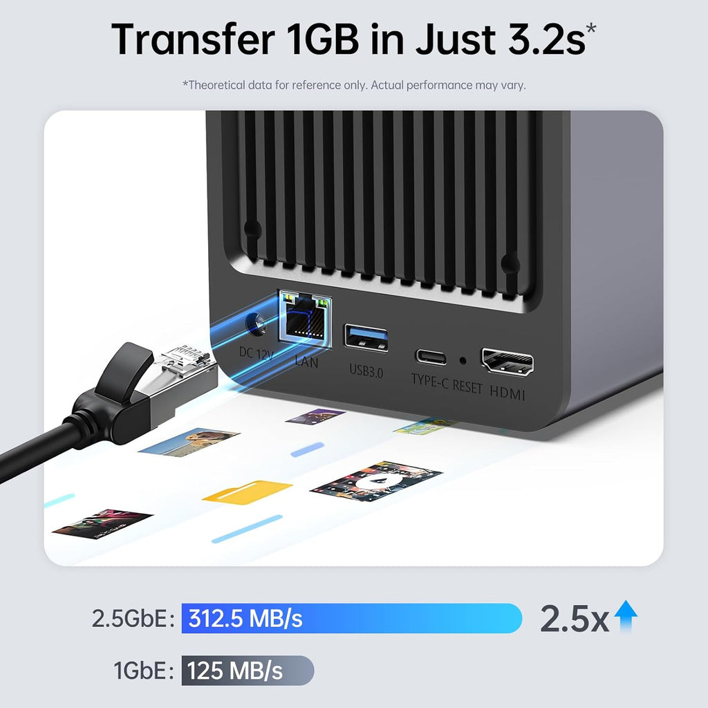 Zero1 2-Bay Desktop NAS, Maximum 60TB (Diskless), User-Friendly Home NAS Storage, Private Security & Remote Access, Silent, 4GB RAM, 2.5Gbe Port, 4K HDMI, Network Attached Storage