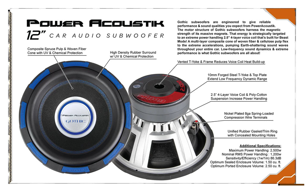 Gothic Series GW-124 Premium 12" Subwoofer - 2,500 Watt Max, Composite Fiber Rigid Cone (New)