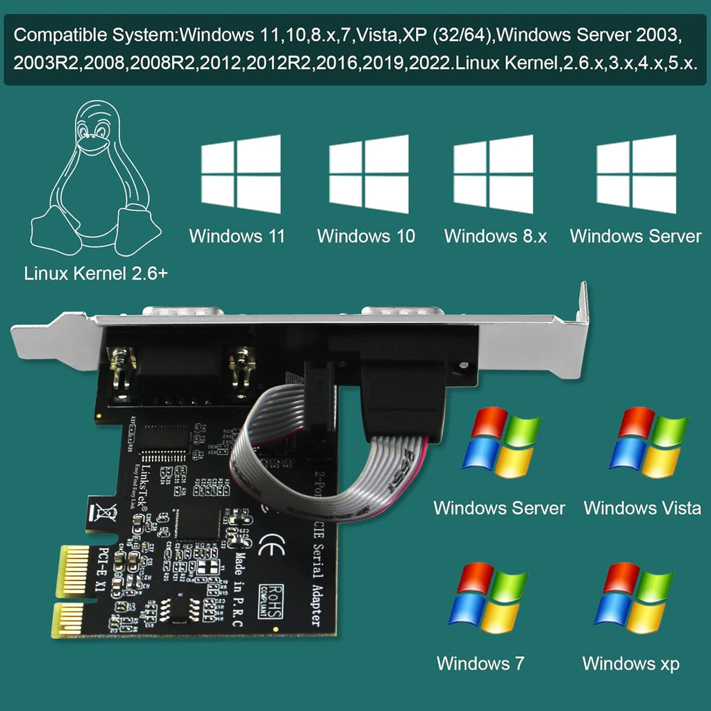 2-Port PCI Express RS-232 DB9 Serial Port Card for Windows XP, Vista,7, 8.X, 10, 11 32/64Bit and Linux Pcs, PCIE RS232 Card, PCIE Serial DB9 Port Card (PCIE-SE2)