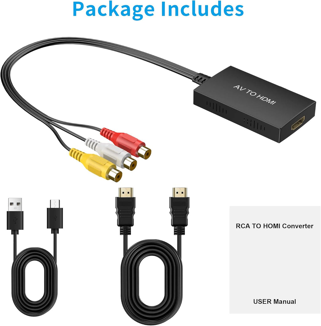 RCA to HDMI Converter, Composite to HDMI Adapter Support 1080P PAL/NTSC Compatible with PS One, PS2, PS3, STB, Xbox, VHS, VCR, Blue-Ray DVD Players