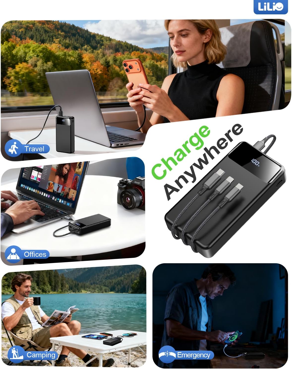 Portable Charger Power Bank，60,000Mah Battery Pack, 22.5W Power Bank Fast Charging with USB Cable, Phone Charger for Iphone 17/16/15/14/13 All Series/Samsung/Android, Camping Essentials, Black