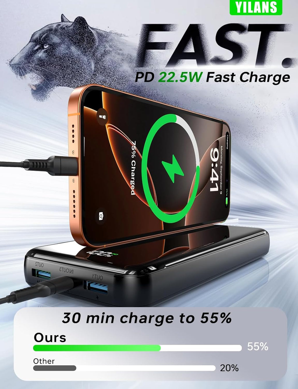 Portable Charger,50000Mah Power Bank Built-In Cable, 22.5W PD USB C in & Out Fast Charging, External Battery Pack with 6 Output & 2 Input, Travel Camping Essential for Iphone 17/16/15/14/13/12,Android