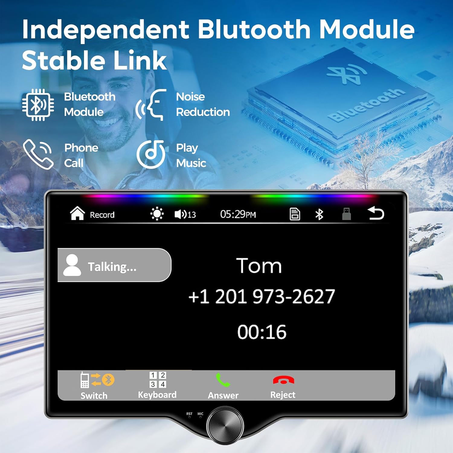 10.1" QLED Double Din Car Stereo with Wireless Carplay & Android Auto, Music Sync Luminous Bar, SWC, Bluetooth, Backup Camera, 240W, Dual Subwoofer Output, Car Radio, Navigation, FM/AM