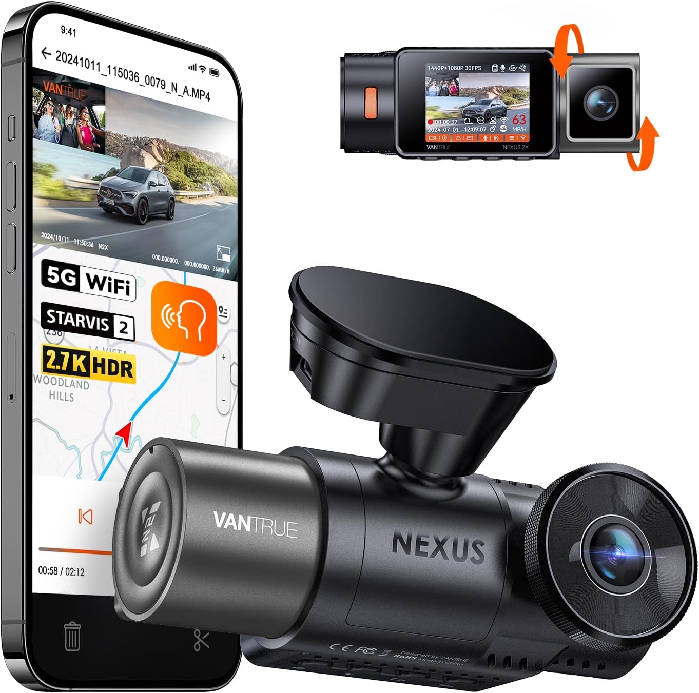 N2X 2.7K Dash Cam Front and Inside, 5G Wifi Dual Dash Camera for Car with HDR IR Night Vision, STARVIS 2, GPS, 2.5K/60FPS, G-Sensor, 24/7 Parking Mode, Voice Control, Support 512GB Max