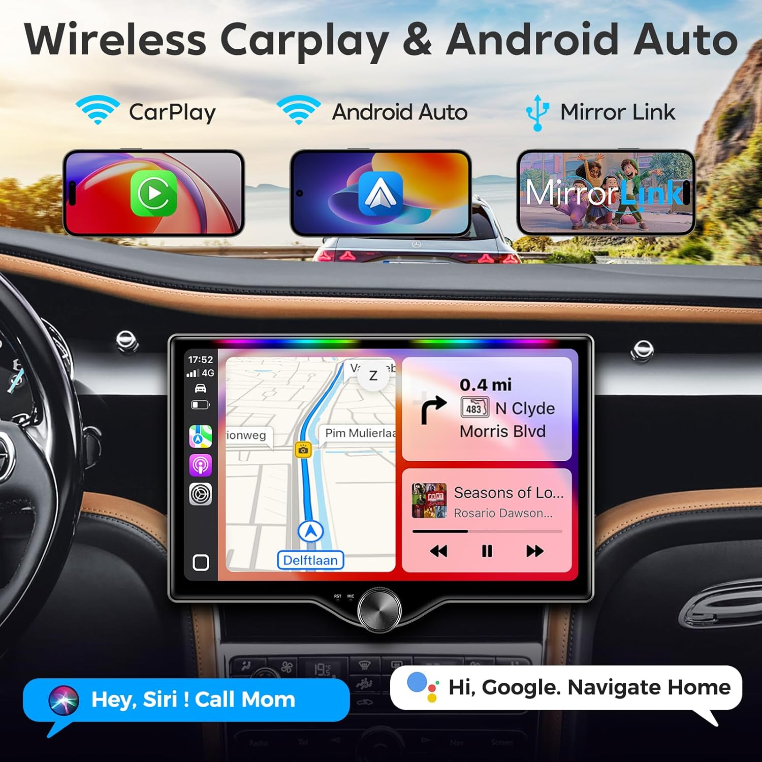 10.1" QLED Double Din Car Stereo with Wireless Carplay & Android Auto, Music Sync Luminous Bar, SWC, Bluetooth, Backup Camera, 240W, Dual Subwoofer Output, Car Radio, Navigation, FM/AM