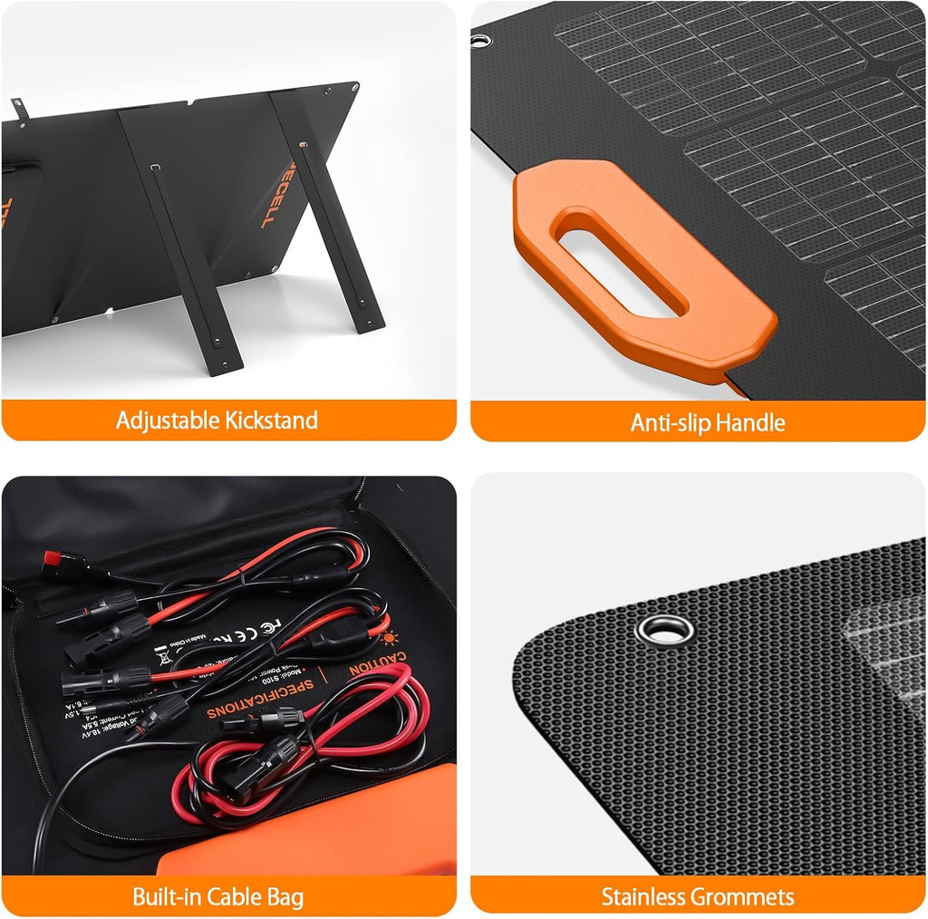 100W Portable Solar Panel, 23.5% High Efficiency ETFE Foldable Solar Charger for Power Station Generator, IP65 Waterproof with Kickstands, 18V Output for RV Camping Van Off-Grid Outdoor