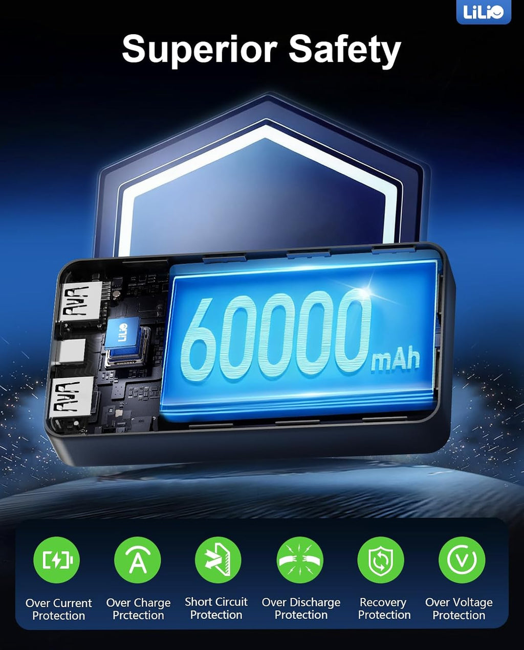 Portable Charger Power Bank，60,000Mah Battery Pack, 22.5W Power Bank Fast Charging with USB Cable, Phone Charger for Iphone 17/16/15/14/13 All Series/Samsung/Android, Camping Essentials, Black