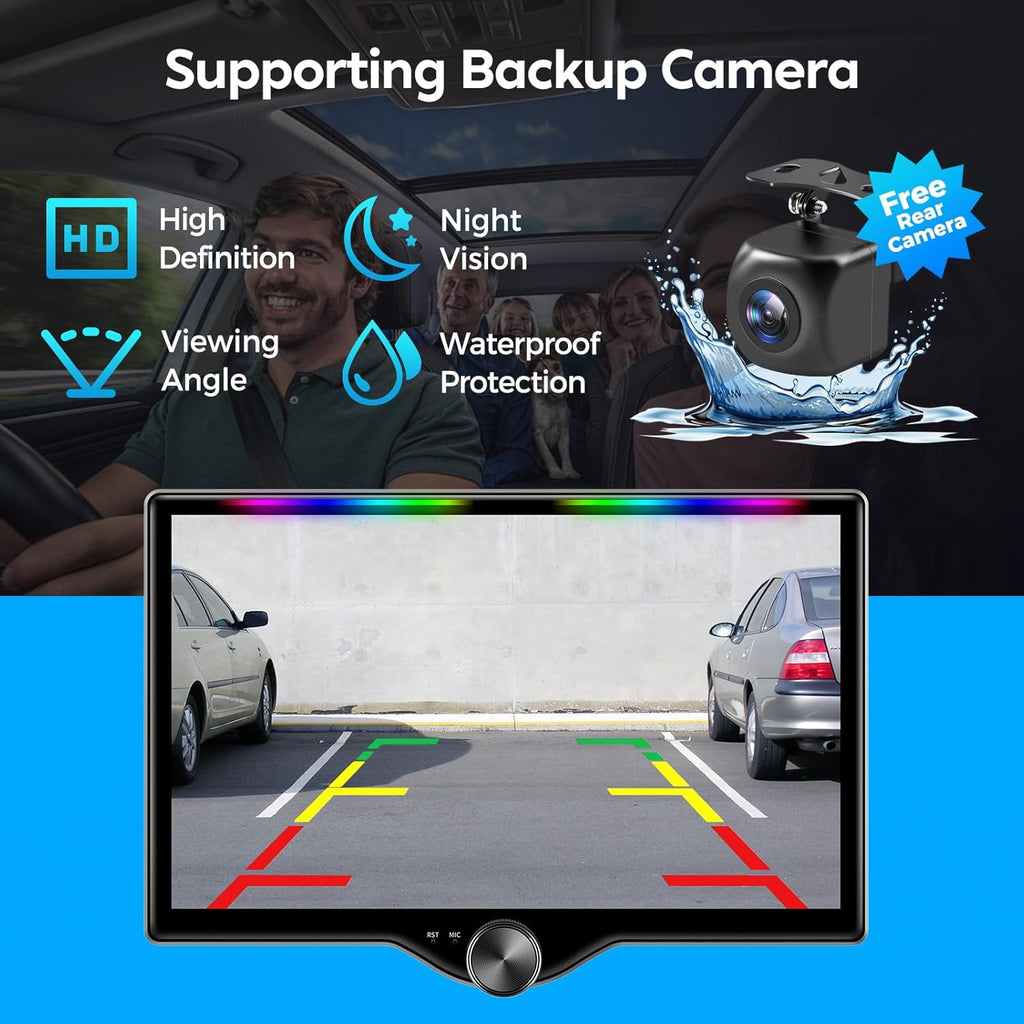 10.1" QLED Double Din Car Stereo with Wireless Carplay & Android Auto, Music Sync Luminous Bar, SWC, Bluetooth, Backup Camera, 240W, Dual Subwoofer Output, Car Radio, Navigation, FM/AM