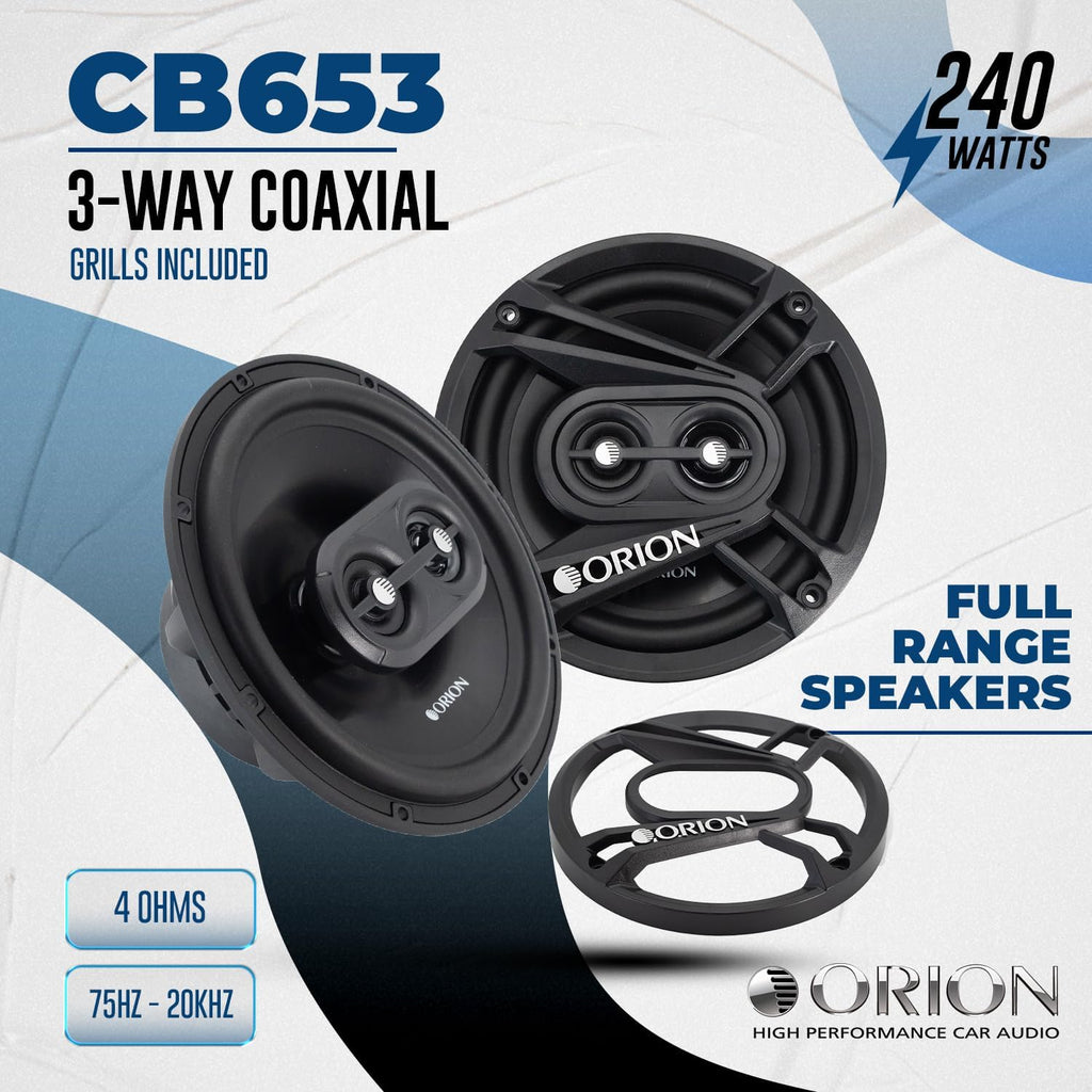 Cobalt Series CB653 6.5” 3-Way Coaxial Car Speakers, 240W, 4 Ohms, Full Range, Enhanced Bass, Polypropylene Cone & Butyl Rubber Surround, Easy Install (Pair)