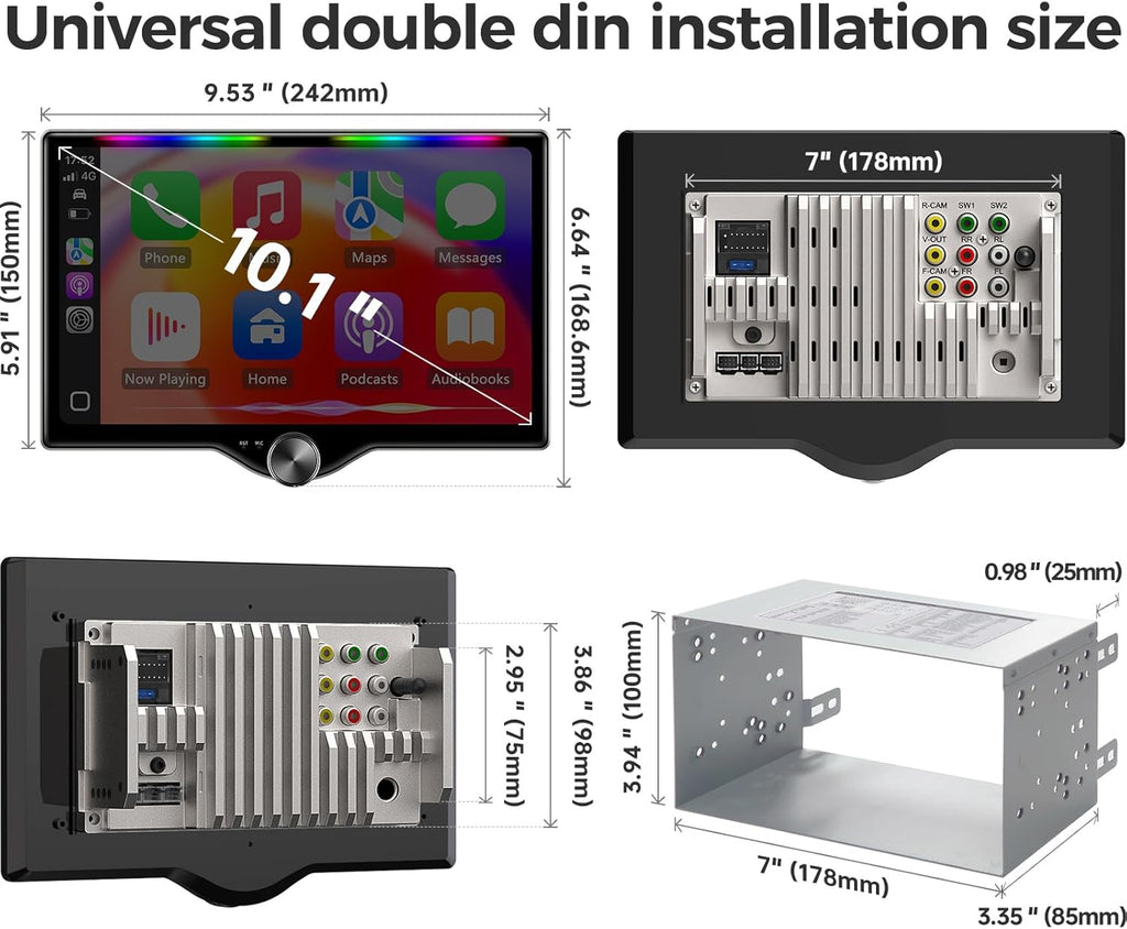 10.1" QLED Double Din Car Stereo with Wireless Carplay & Android Auto, Music Sync Luminous Bar, SWC, Bluetooth, Backup Camera, 240W, Dual Subwoofer Output, Car Radio, Navigation, FM/AM