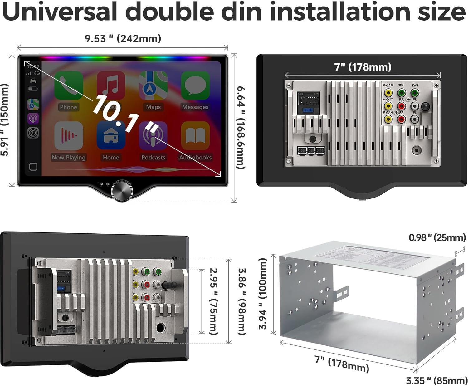 10.1" QLED Double Din Car Stereo with Wireless Carplay & Android Auto, Music Sync Luminous Bar, SWC, Bluetooth, Backup Camera, 240W, Dual Subwoofer Output, Car Radio, Navigation, FM/AM