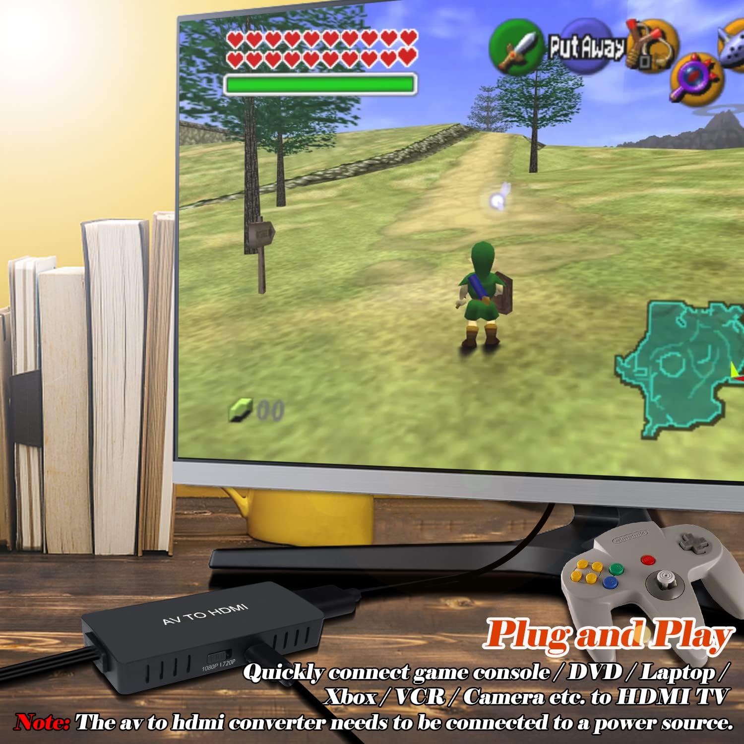 RCA to HDMI Converter, AV to HDMI Adapter Support 1080P, PAL/NTSC Compatible with WII/WII U/PS One/Ps2/Ps3/Stb/Xbox/Vhs/Vcr/Blue-Ray DVD Ect.