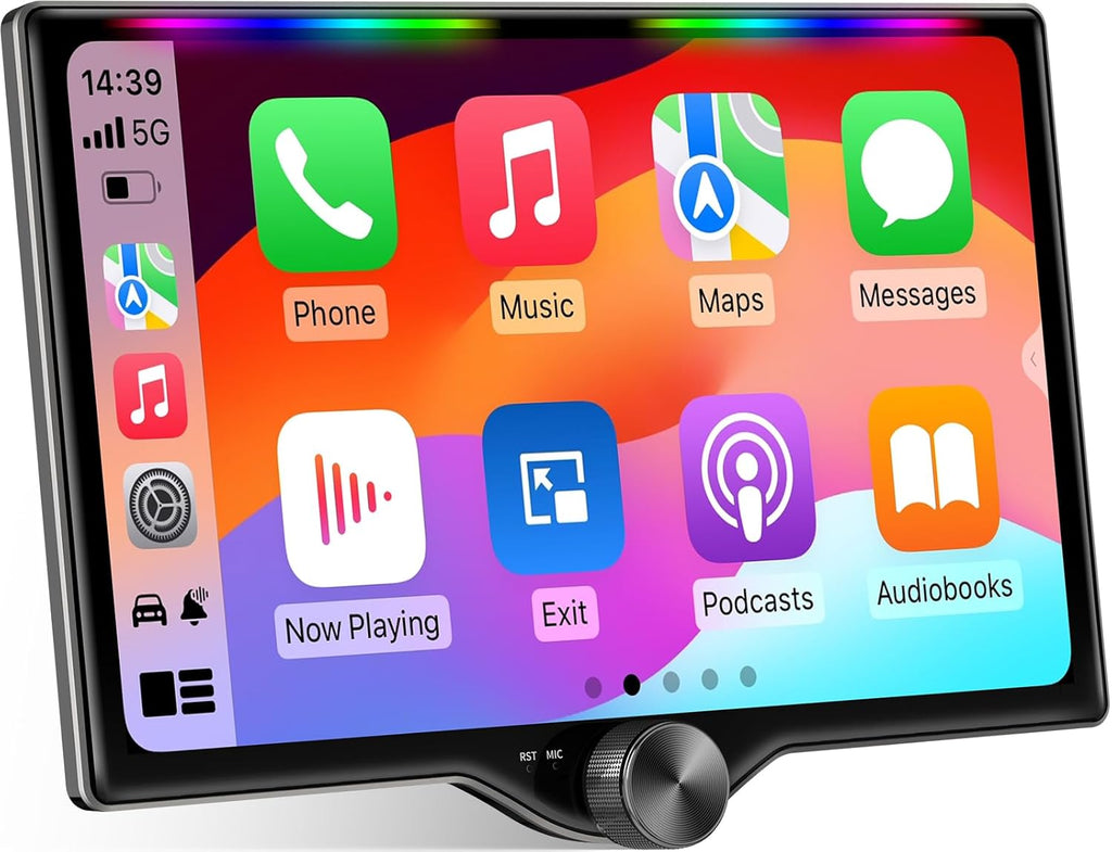 10.1" QLED Double Din Car Stereo with Wireless Carplay & Android Auto, Music Sync Luminous Bar, SWC, Bluetooth, Backup Camera, 240W, Dual Subwoofer Output, Car Radio, Navigation, FM/AM