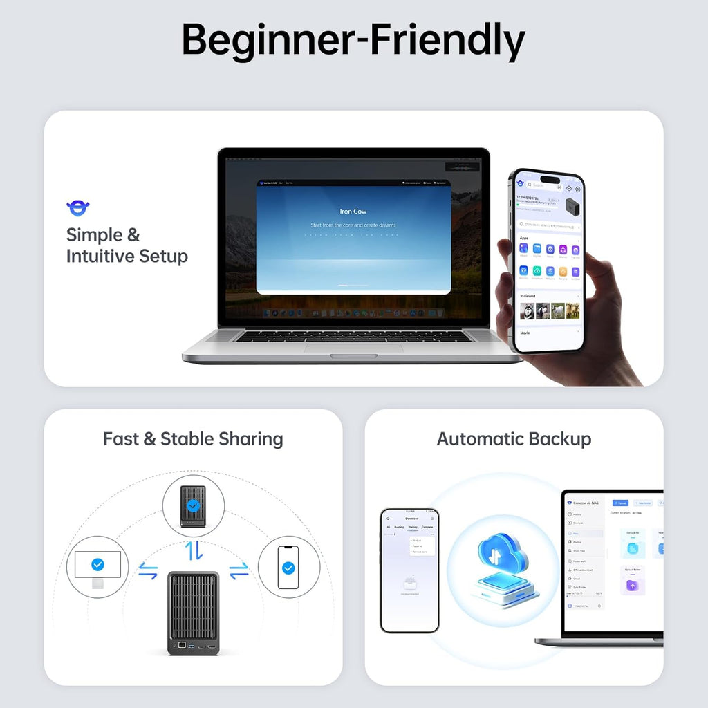 Zero1 2-Bay Desktop NAS, Maximum 60TB (Diskless), User-Friendly Home NAS Storage, Private Security & Remote Access, Silent, 4GB RAM, 2.5Gbe Port, 4K HDMI, Network Attached Storage