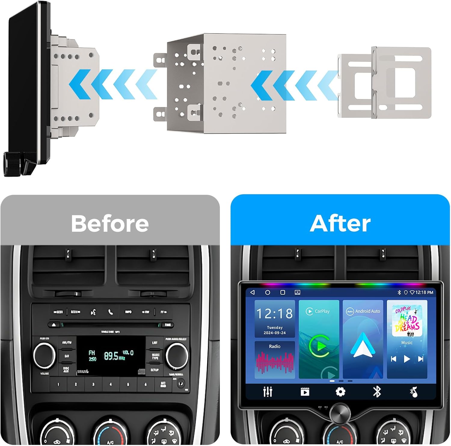 10.1" QLED Double Din Car Stereo with Wireless Carplay & Android Auto, Music Sync Luminous Bar, SWC, Bluetooth, Backup Camera, 240W, Dual Subwoofer Output, Car Radio, Navigation, FM/AM