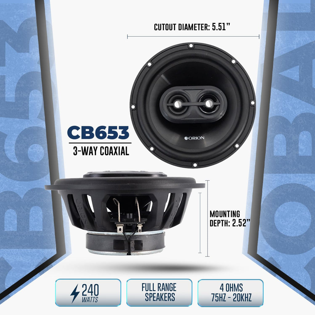 Cobalt Series CB653 6.5” 3-Way Coaxial Car Speakers, 240W, 4 Ohms, Full Range, Enhanced Bass, Polypropylene Cone & Butyl Rubber Surround, Easy Install (Pair)