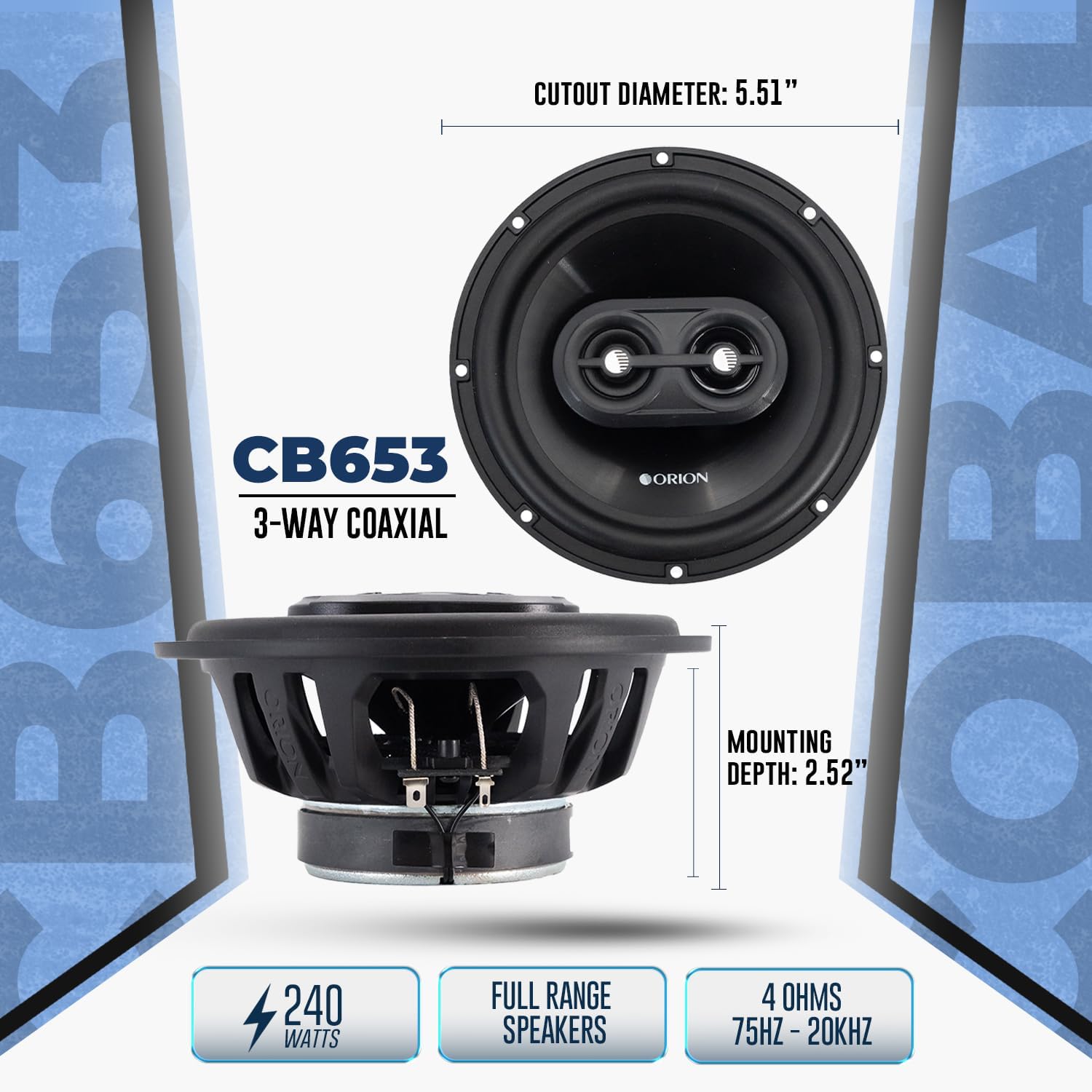 Cobalt Series CB653 6.5” 3-Way Coaxial Car Speakers, 240W, 4 Ohms, Full Range, Enhanced Bass, Polypropylene Cone & Butyl Rubber Surround, Easy Install (Pair)