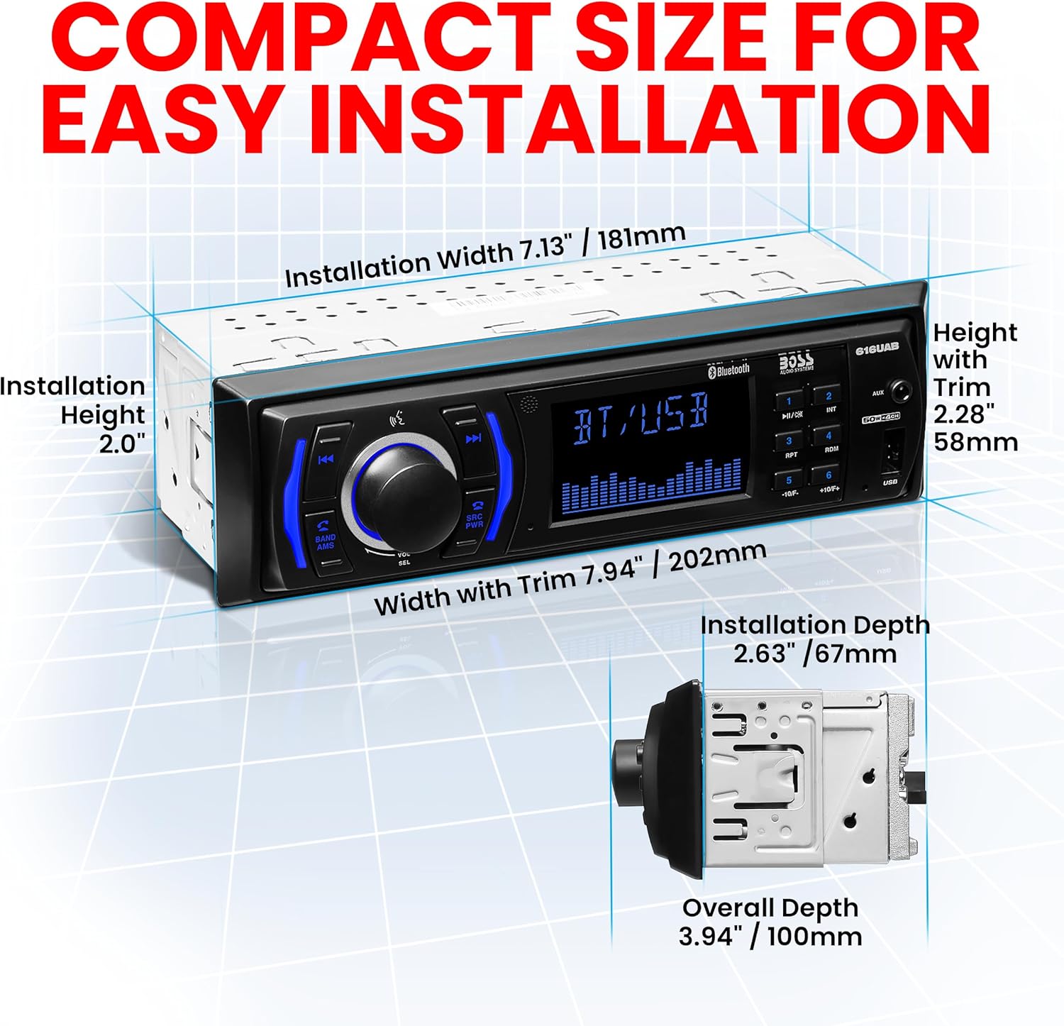 616UAB Car Stereo with Bluetooth - Single DIN, MP3, USB, Aux-In, AM/FM, No CD DVD Player