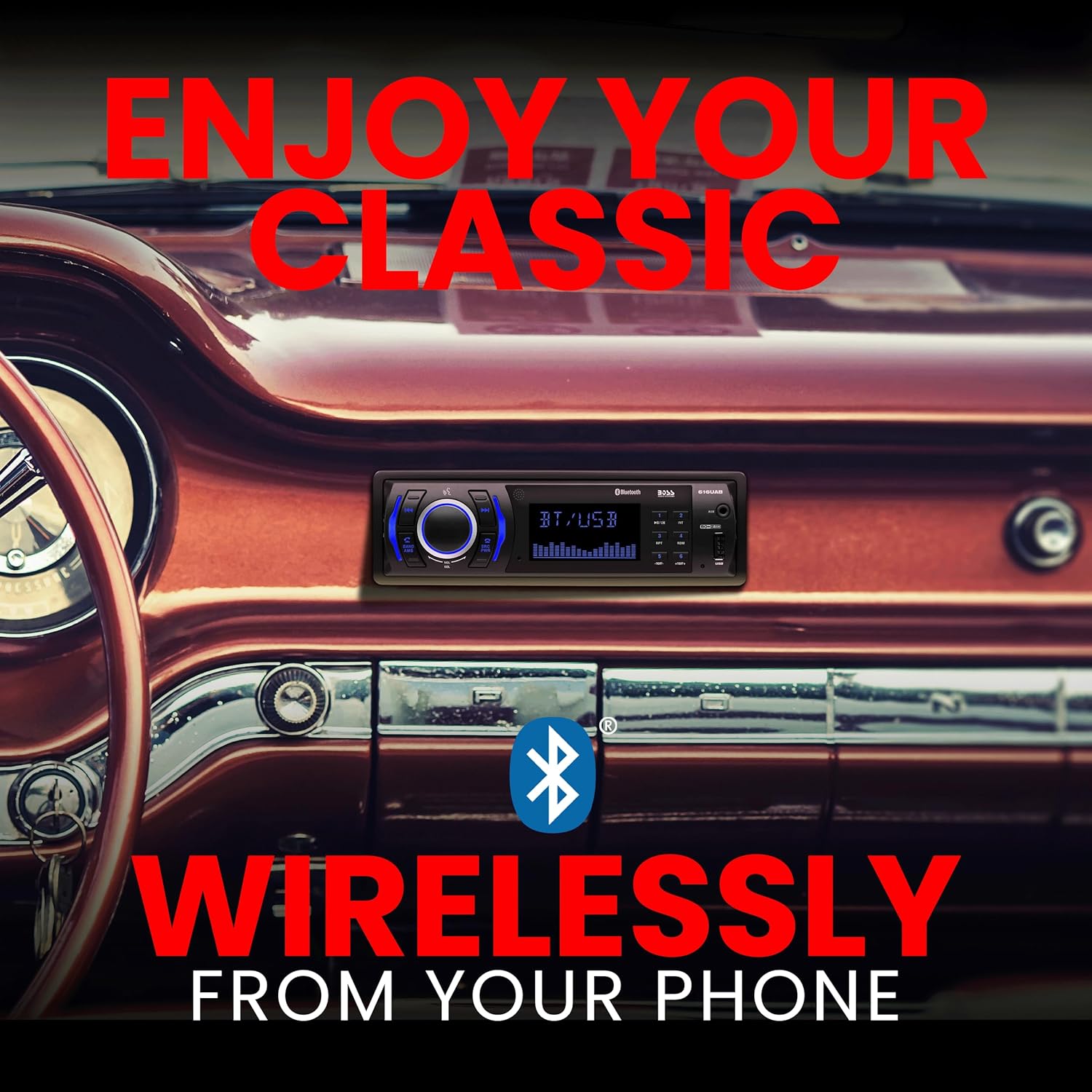 616UAB Car Stereo with Bluetooth - Single DIN, MP3, USB, Aux-In, AM/FM, No CD DVD Player