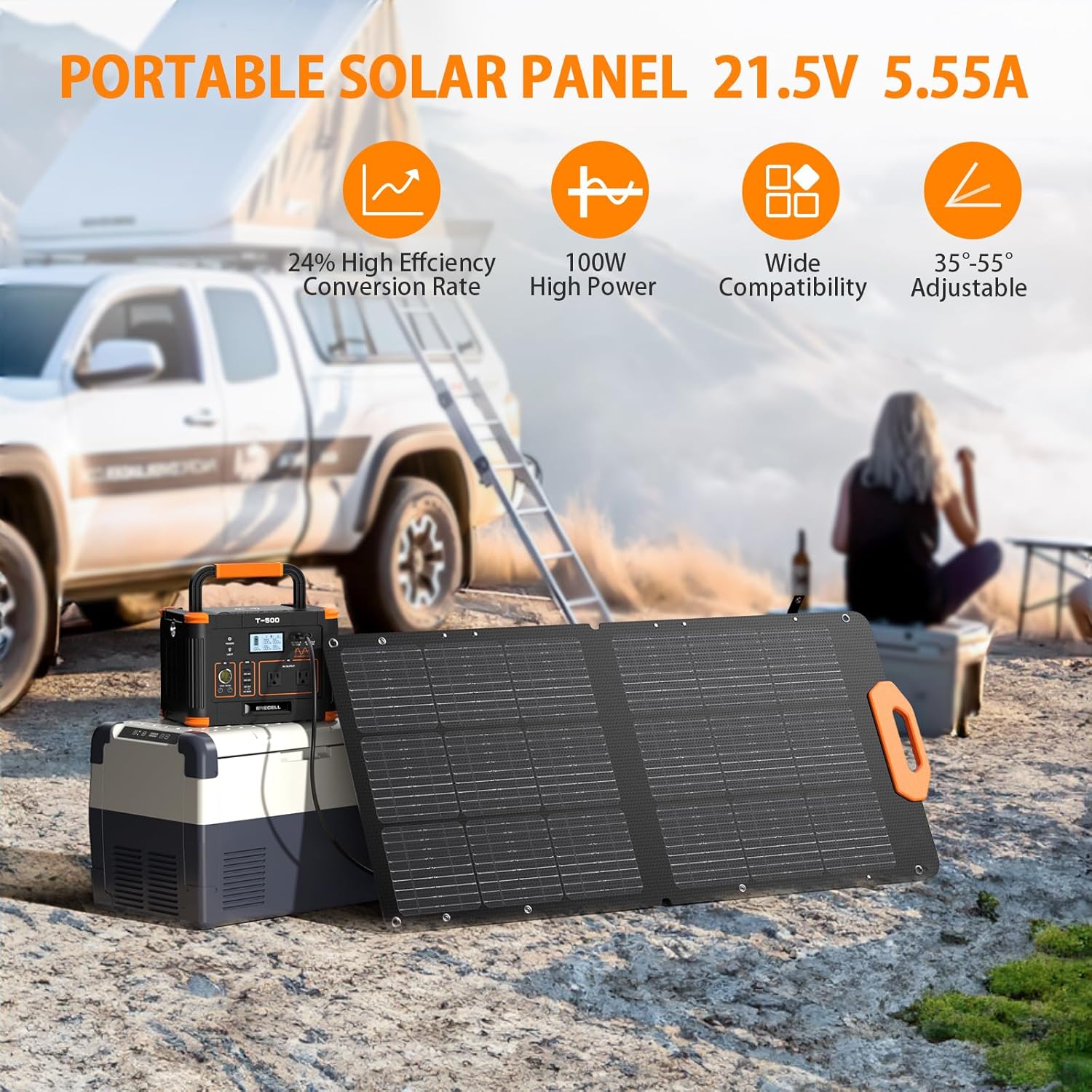 100W Portable Solar Panel, 23.5% High Efficiency ETFE Foldable Solar Charger for Power Station Generator, IP65 Waterproof with Kickstands, 18V Output for RV Camping Van Off-Grid Outdoor