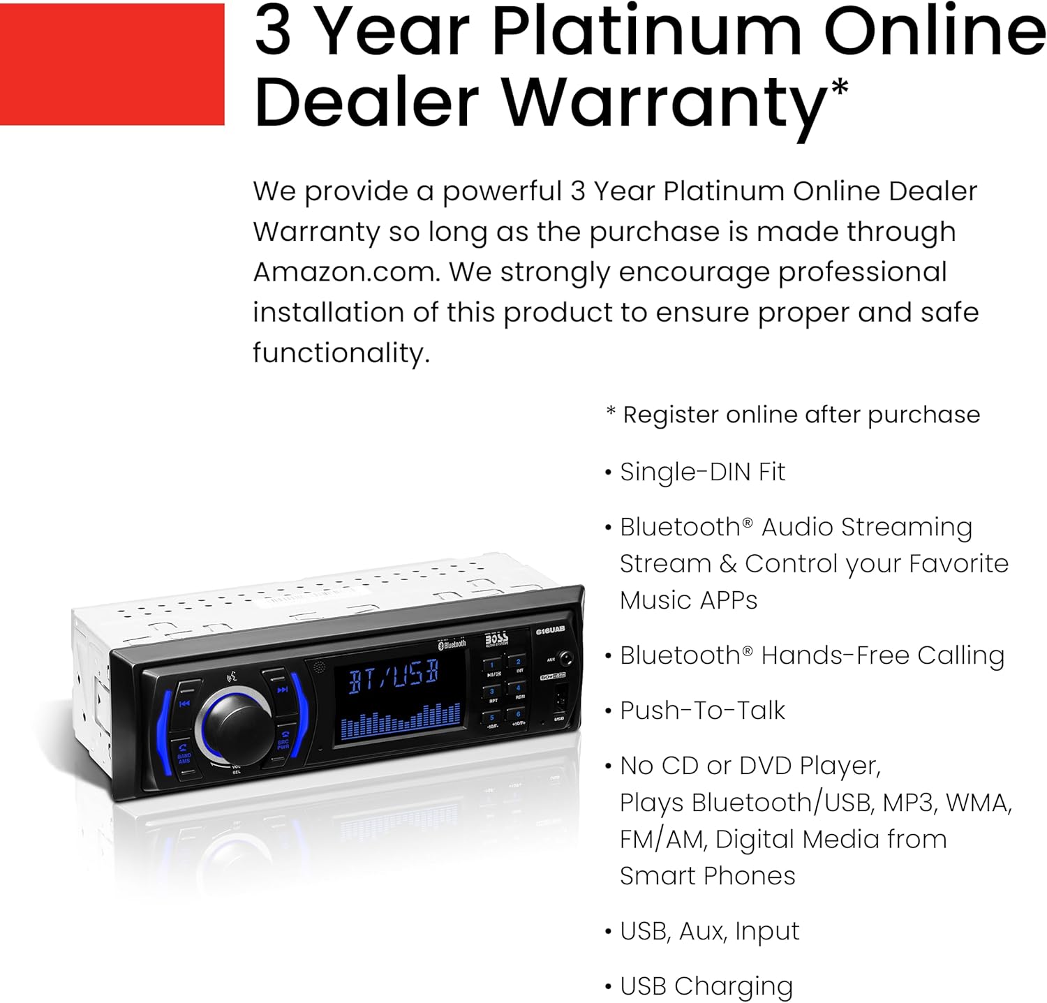 616UAB Car Stereo with Bluetooth - Single DIN, MP3, USB, Aux-In, AM/FM, No CD DVD Player