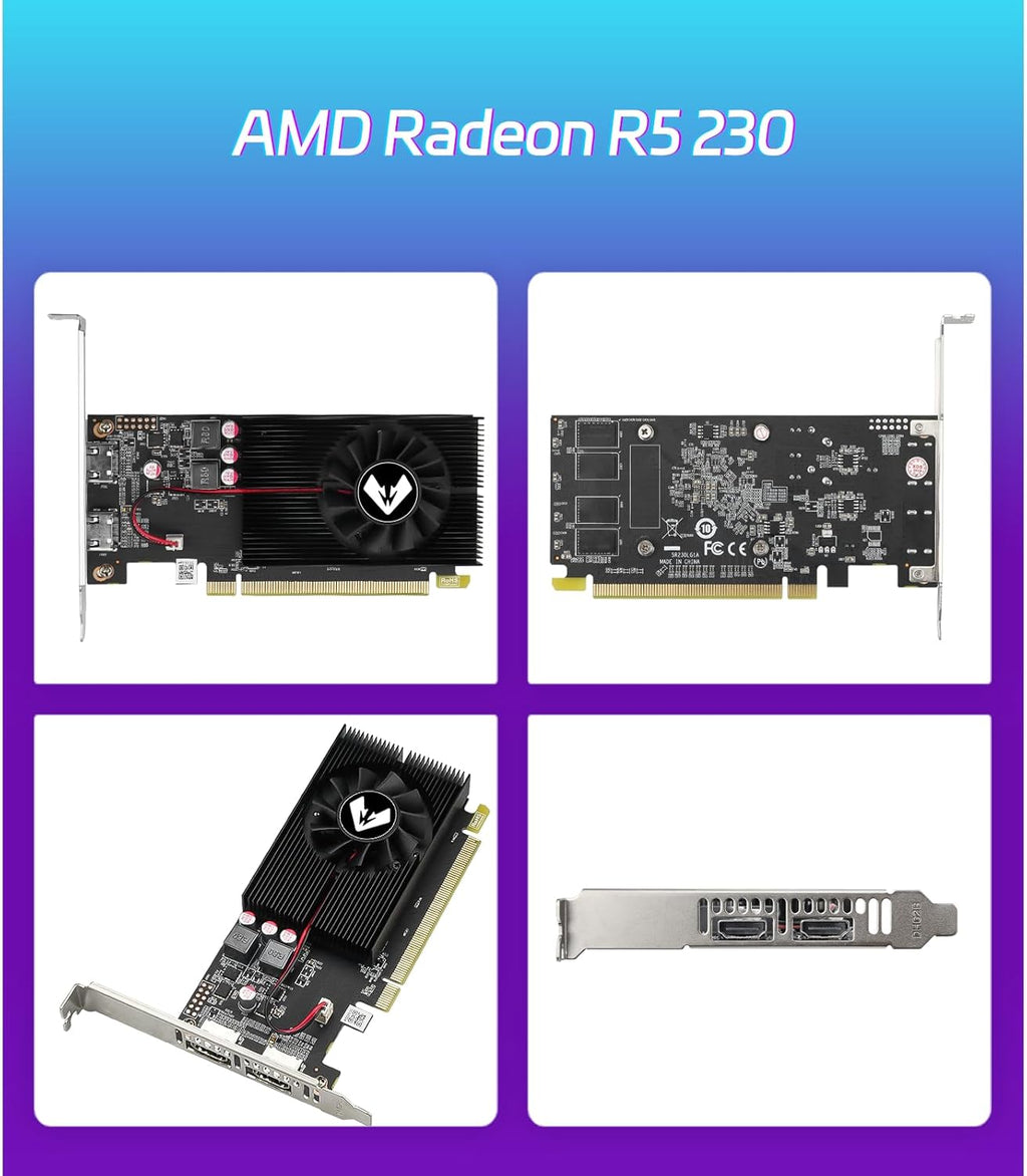 AMD Radeon R5 230 Low Profile Graphics Card with 2G 64Bit GDDR3 Memory Equip with PCI Express*16 2*HDMI Video Card for Office Working Compatible with Windows 10/8/7/Rhel/Ubuntu/Linux (Black)