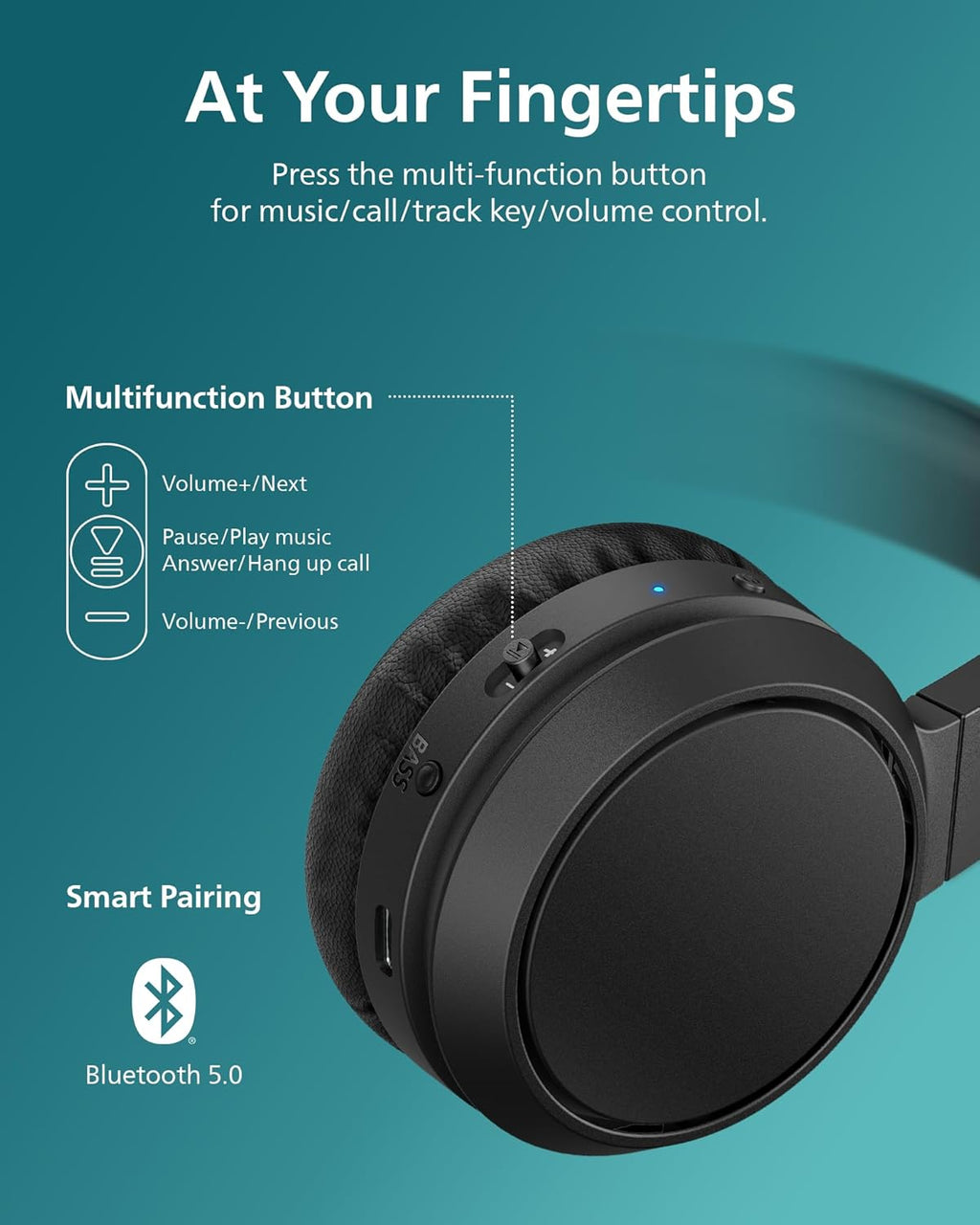 H4205 Wireless Headphone,On-Ear Bluetooth Headphone with BASS Boost,Quality Sound,32Mm Drivers,29-Hour Battery Life,Fast Charging,Lightweight,Adjustable Cushioned Headband,Soft Ear Cups,Black