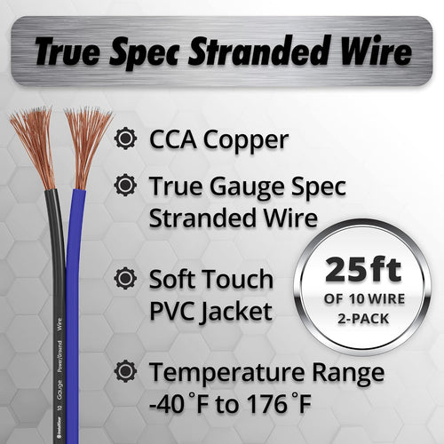 10 Gauge Wire (50Ft) Copper Clad Aluminum CAA - Primary Automotive Wire, Car Amplifier Power and Ground Cable, Battery Cable, Car Audio Speaker Stereo, RV Trailer Wiring Welding Cable 10Ga