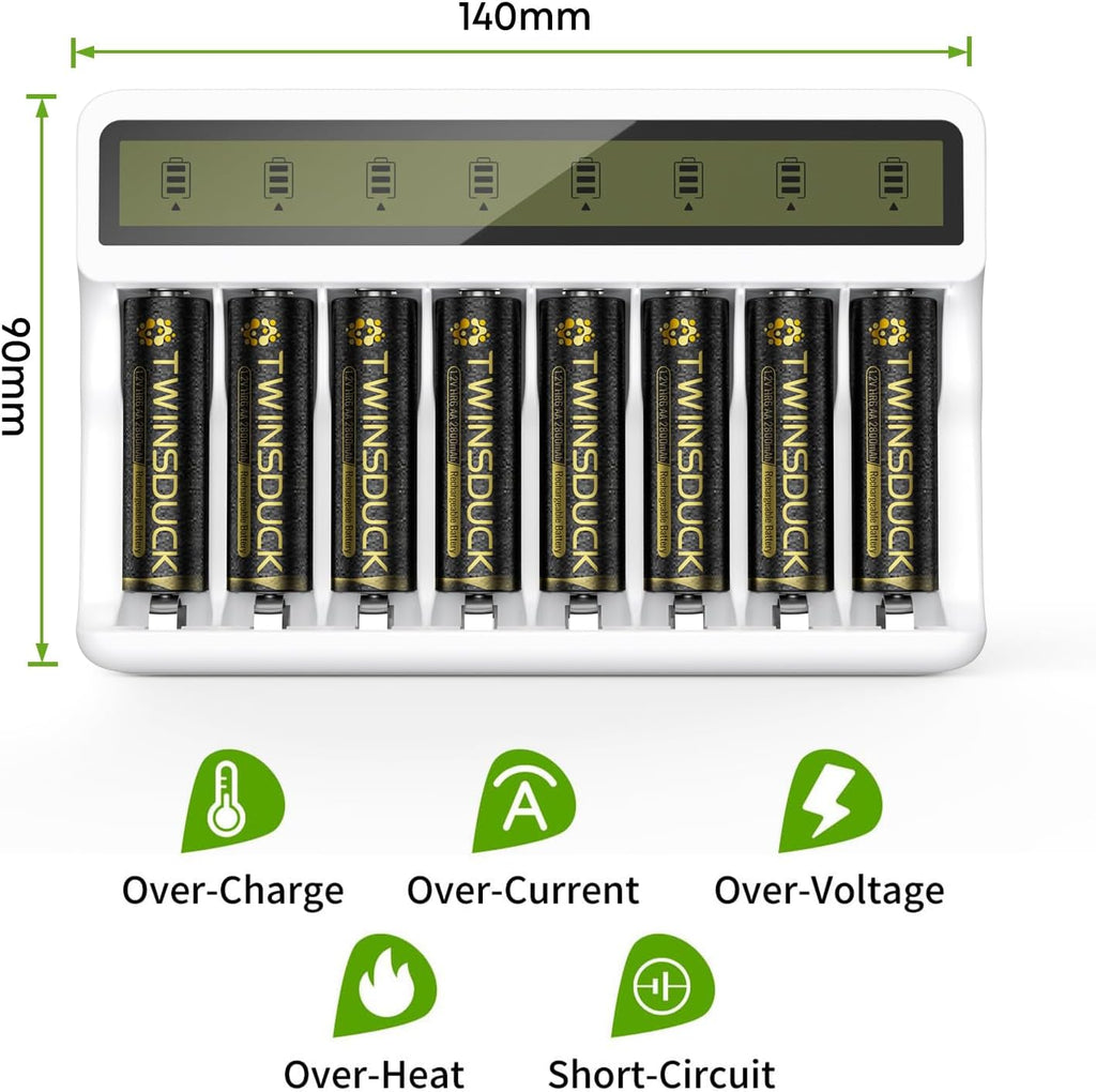 Rechargeable Battery Charger, 8 Bay AA AAA Smart Charger with LCD Display, Independent Slots for Ni-Mh Ni-Cd Batteries