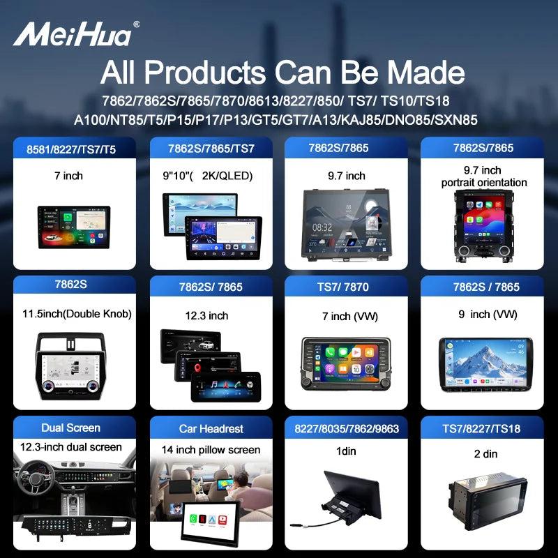 Meihua 2 Din Portable Car Stereo Android 7/9/10/10.33/13.1 Inch Autoradio with GPS Navigation Audio DVD Player DSP Function