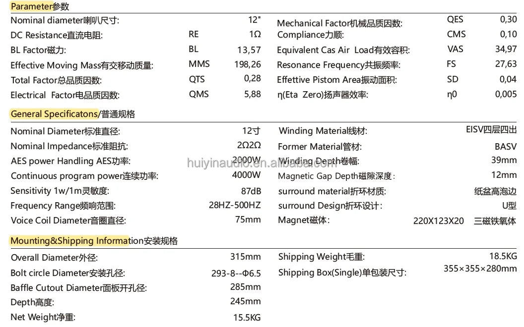 Low Price 2000W RMS 12 Inch Car Subwoofer Dual 2Ohm Vehicle Bass Speaker Underseat Subwoofer for Car Audio Competition 1275-115F