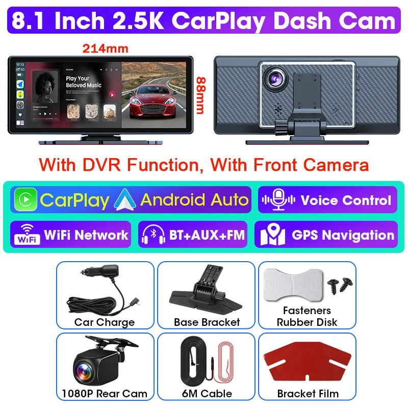 8.1 Inch 2.5K Dash Cam Wireless Carplay Android Auto Car DVR Wifi GPS Navigation Rearview Camera Dashboard Video Recorder