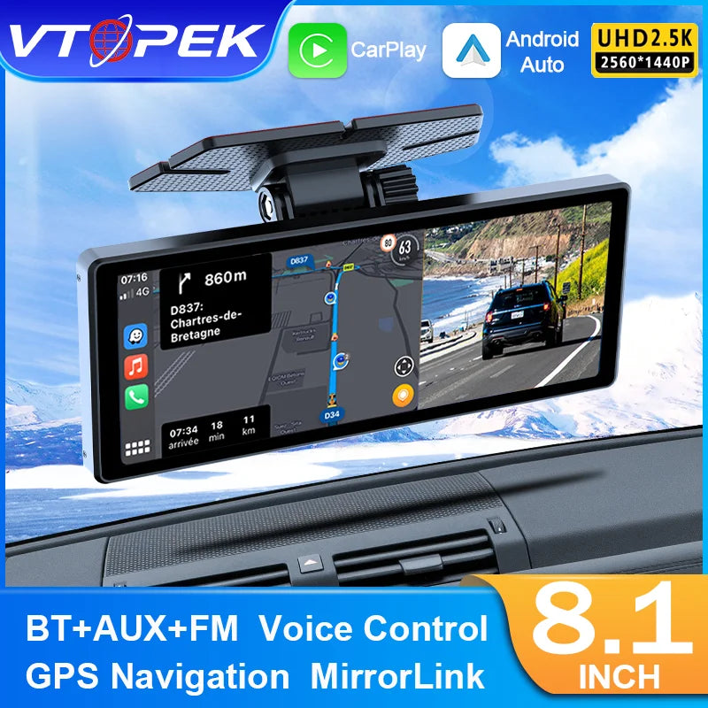 8.1 Inch 2.5K Dash Cam Wireless Carplay Android Auto Car DVR Wifi GPS Navigation Rearview Camera Dashboard Video Recorder