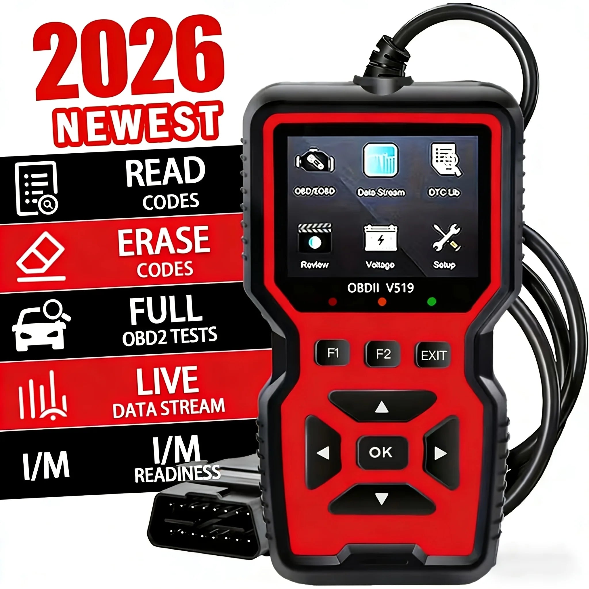 V519 Professional Obd2 Scanner - Usb-Powered Automotive Diagnostic Tool with Real-Time Data Stream, Full-Featured Obd Ii Testing (I/M Ready, Bod2/Eobd), Clears Engine Fault Lights, Reads/Erases Codes for Most Vehicles, Automotive Maintenance, Ergonomic Design, Durable Plastic Casing