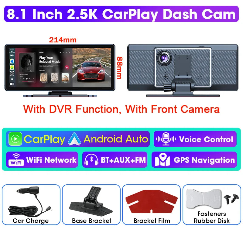 8.1 Inch 2.5K Dash Cam Wireless Carplay Android Auto Car DVR Wifi GPS Navigation Rearview Camera Dashboard Video Recorder