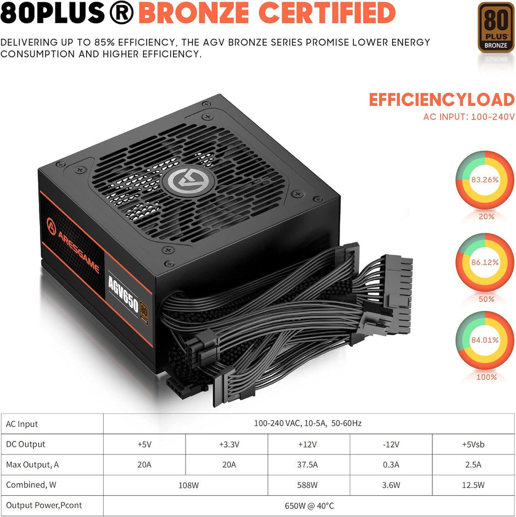 AGV Series 650W Power Supply, 80 plus Bronze Certified, Non Modular Power Supply, 5 Year Warranty