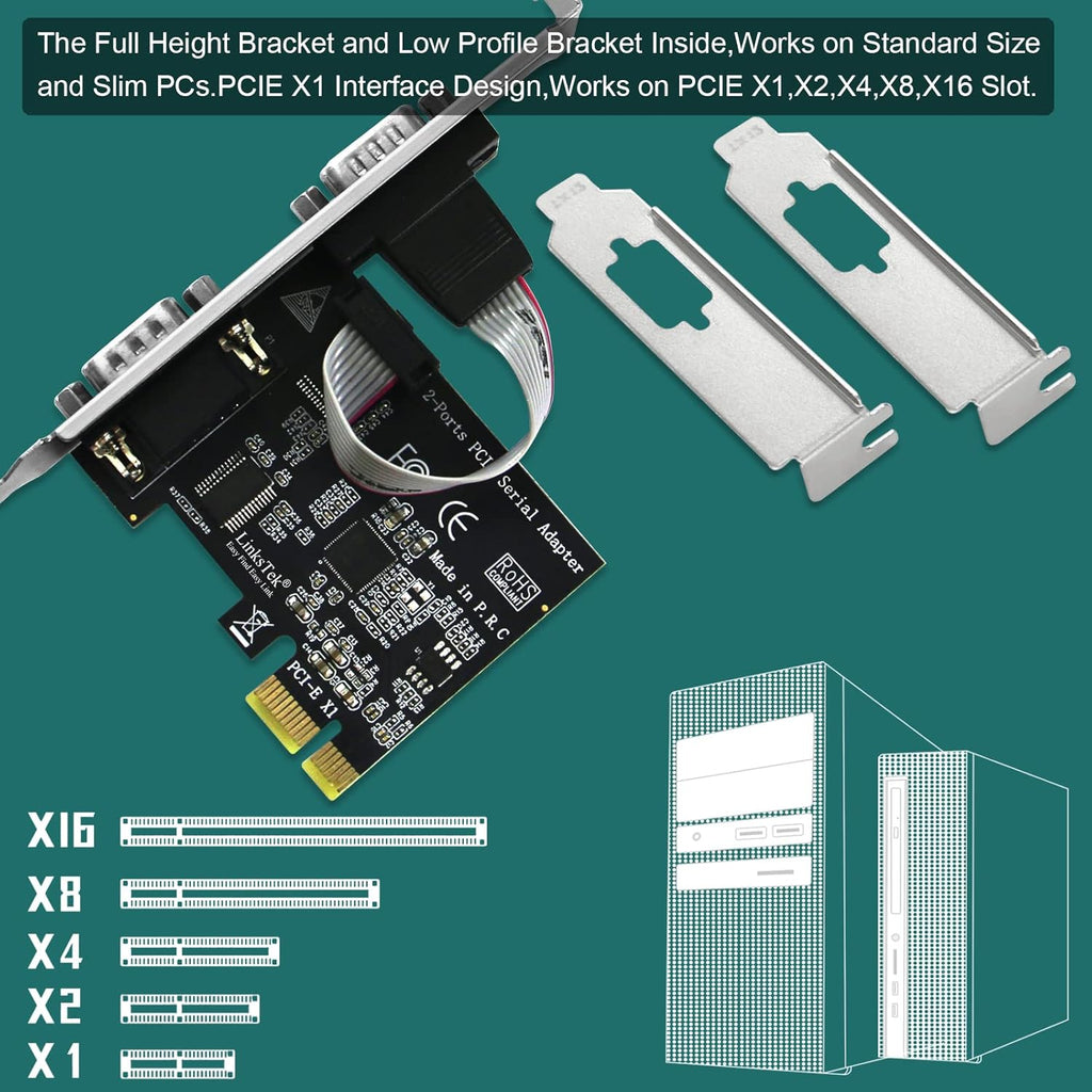 2-Port PCI Express RS-232 DB9 Serial Port Card for Windows XP, Vista,7, 8.X, 10, 11 32/64Bit and Linux Pcs, PCIE RS232 Card, PCIE Serial DB9 Port Card (PCIE-SE2)