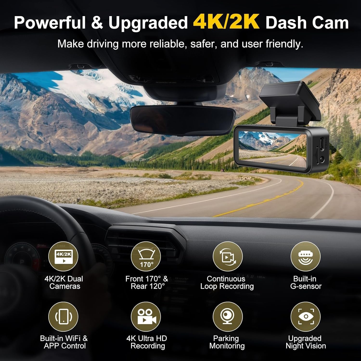 4K+2K Dash Cam Front and Rear, Free 64GB Card Included, 5.8Ghz Wifi Dash Camera for Cars, Built-In G-Sensor, 3.2” IPS Screen, 170°Wide Angle, Night Vision, 24 Parking Mode